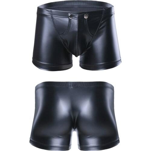 Mens sexy patent leather boxer shorts briefs PU artificial leather metal button briefs fashion mens low-rise shorts