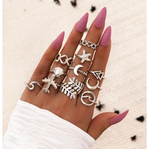 11 Mix Shape Vintage Antique Silver Color Hollow Heart Carved Rings Set Ethnic Bohemia Totem Leaf Wave Knuckle Finger Midi Ring