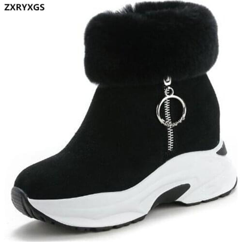 2020 New Winter Cowhide Rabbit Fur Decorated Womens Boots Warm Snow Boots Inner Increased Wedges Fashion Sneakers Cotton Shoes