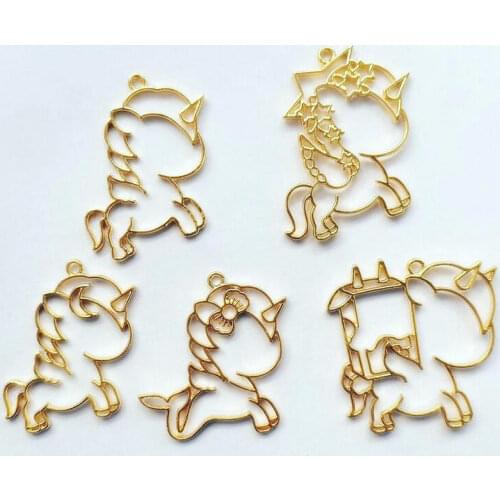 5pcs Kawaii Unicorn Open Bezels DIY Jewelry Fillings Charms Accessories UV Resin Pendant Horse Shape Metal Frame Craft