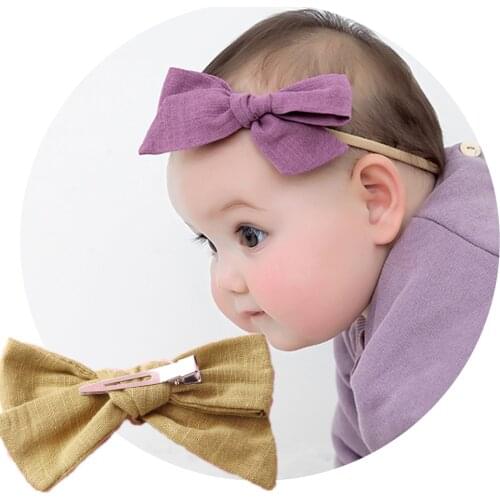 Hand Tied Cotton Linen Hair Bow headband Pins School Girl Bow Nylon Headbands Baby Clips Baby Girl Hair Accessories Shower Gifts
