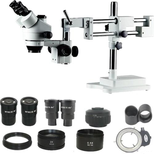 3.5X-180X Double arm Simul Focal trinocular stereo Microscope 144 Led light 0.5X 2.0X objective lens cell phone PCB repair tools