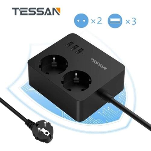 TESSAN Multi Electrical Socket Power Strip EU Plug with 2 Outlets 3 USB Ports 1.5M/5ft Extension Cord Overload Protection Switch
