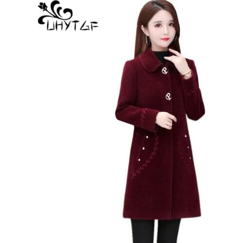 UHYTGF Casual Women Winter Jacket Fashion Embroidery Pocket Plus Size Outwear Quality Mink Fleece Elegant Female Woolen Coat1111