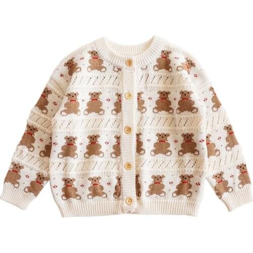 Spring Cartoon Bear Jacquard Sweater Cardigan Hollow Out Autumn Girl Outfits Sweaters Unisex Boys Knitted Sweater 2-8 Years Old