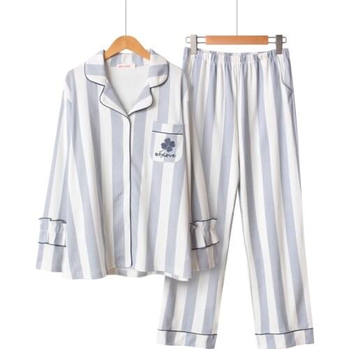 Spring New Cotton Sleepwear Long Sleeve Pajamas for Women Loose Vertical Stripe Embroidery Clover Printing Pyjamas Pink Pijama