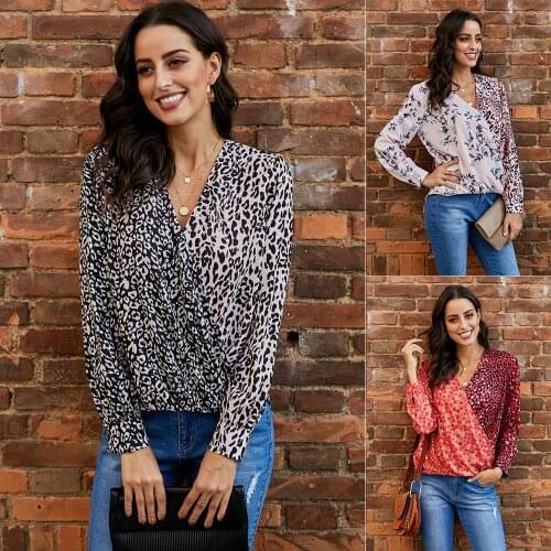 2020 Spring Women T-Shirts Full Sleeve Office Lady Office Lady Print Women Clothing V-Neck Ladies Tops T-Shirts Girls T-Shirts