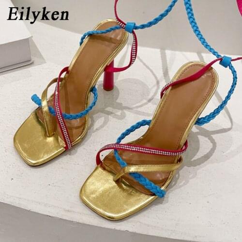 Eilyken Mixed Color PU Leather High Quality Sandals Women Summer Fashion Crystal Weaving Strap Lace-up Shoes Stiletto Heels