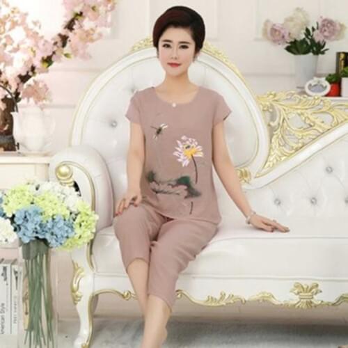 Women\s Pajamas Set Ladies Short Sleeved Mother Casual Chrysanthemum Print Plus Size Home Clothes Sleep Suit Pajamas Set