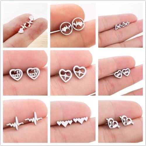 Lovers Dating Medical ECG Heartbeat Stud Earrings for Women Nurse Stainless Steel Jewelry Heart Earrings