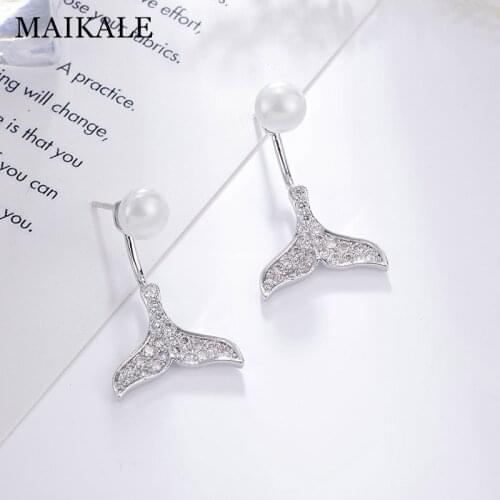MAIKALE New Fashion Korean Stud Earrings Pearl Fish Tail Shape Zirconia Party Earrings 585 Gold Earrings For Women Jewelry Gift