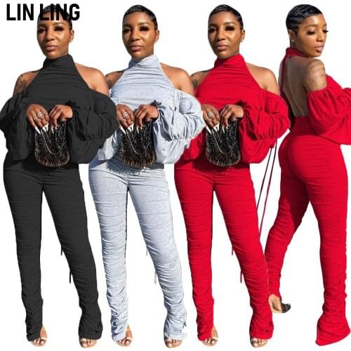 LINLING Autumn and Winter 2021 New Womens Pleated Split Pile Sleeve Sexy Open Back Fashion Jumpsuit