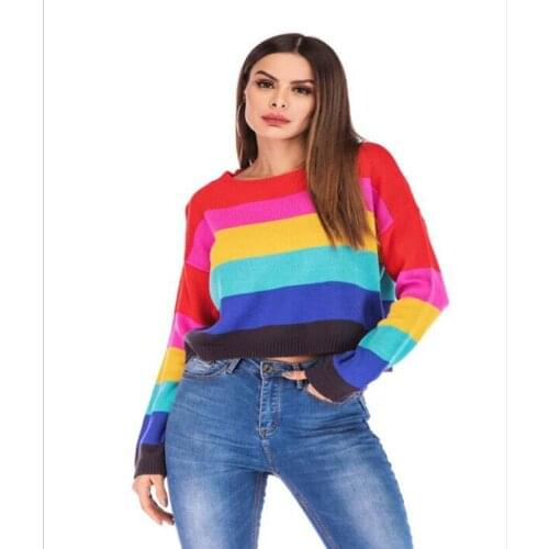 Babbytoro Sweater For Women 2019 Long Sleeve Colorful Raibow Strip Loose Pullover Xmas Sweaters Plus Size XXL XL S