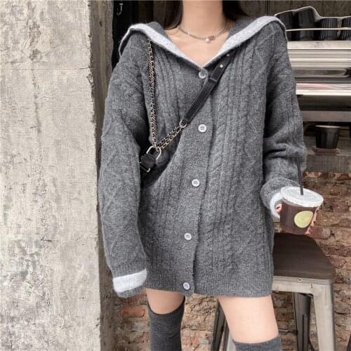 Navy Collar Sweater Jacket Ladies 2021 Autumn And Winter Womens New Fashion Wild Loose mid-Length Knitted Long-Sleeved Cardigan