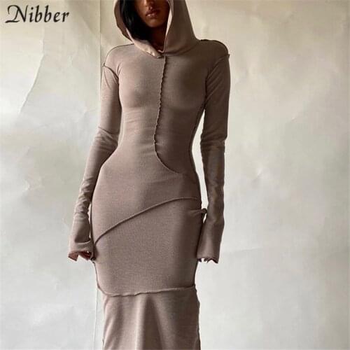 Nibber Spring Hooded Long Sleeve Patchwork Maxi Dresses For Womens 2021 Streetwear Casual Outfits Basice Bodycon Dress Female