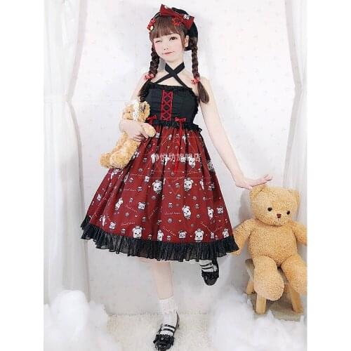 Gothic cosplay sweet lolita dress retro lace bowknot printing high waist patchwork victorian dress kawaii girl gothic lolita jsk