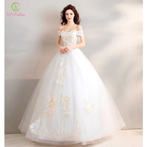 SSYFashion New Wedding Dress The Bride Married Sweetheart Lace Appliques Beading Floor-length Wedding Gown Vestido De Noiva