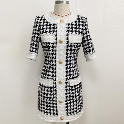 Autumn Winter Style European Women Thick Short Slim Vintage Houndstooth Dresses Ladies Runway Jacquard knitting Dress