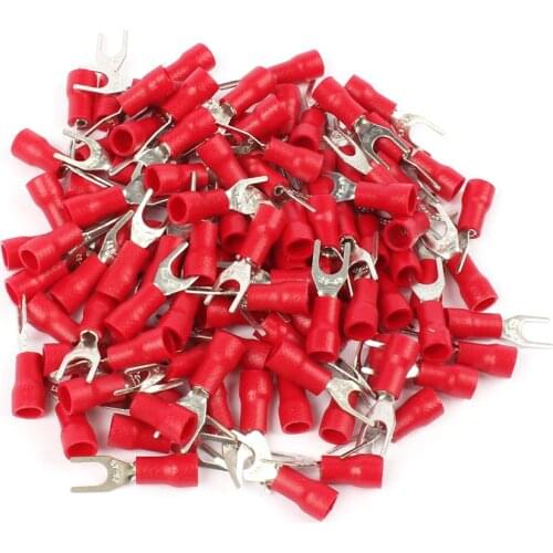 100PCS SV1.25-4 Red Furcate Fork Spade 22~16AWG Wire Crimp pressed terminals Cable Wire Connector