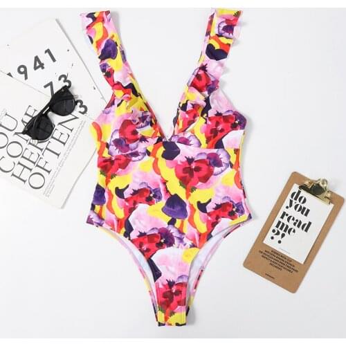 2021 Sexy Ruffle One Piece Swimsuit Print Floral Swimwear Women Swimsuit Bathing Suit Beachwear Monokini Padded Bathing Suits XL