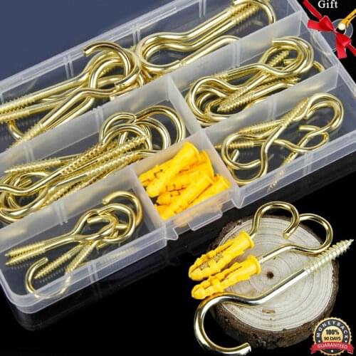 44PCS Gold Color Copper Plated Metal Cup Hooks Round End Screw Hooks Self-tapping Screws Ceiling Hooks