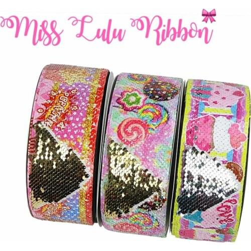 3"75mm Sweet Candy Rainbow Lollipop Popcorn Cupcake Double Reversible Silver&Gold Sequin Ribbon Hair Bow Making 46yards