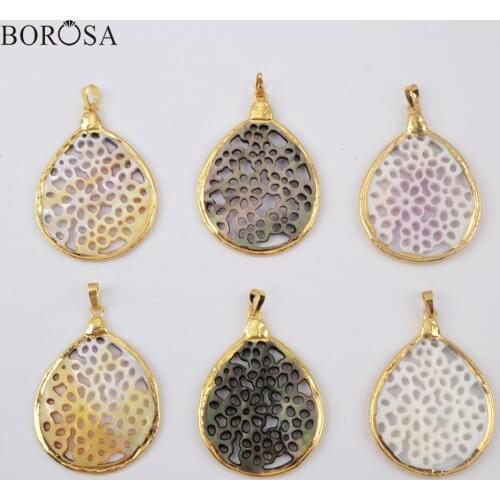 BOROSA 10Pcs Gild Trim Drop Hand Carved Rainbow Yellow Shell Pendant Mother of Pearl Hollow Shell for Earring Jewelry G1899