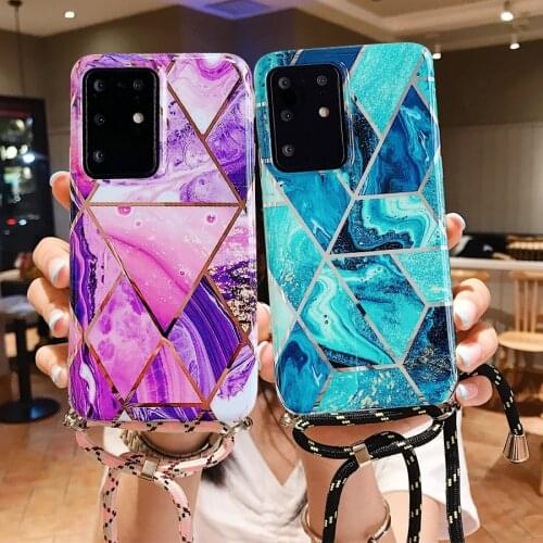 Luxury Plating marble Lanyard Strap Cord Chain Phone case For Samsung Galaxy A40 A50 A70 A51 A71 5G Cord Rope Silicone Cover