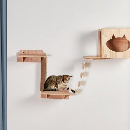 Cat Bridge Climbing Frame Wood Pet Cat Tree House Bed Hammock Sisal Scratching Post Cat Toy Wall Mounted Pet Furniture
