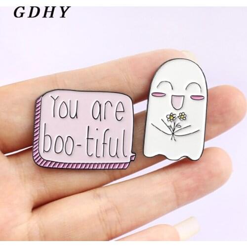 GDHY Cute Smile Ghost You Are boo-tiful Sweet Dialog Brooch Pink Banner Enamel Pin Badges Backpack Lapel pins for Girls Brosche