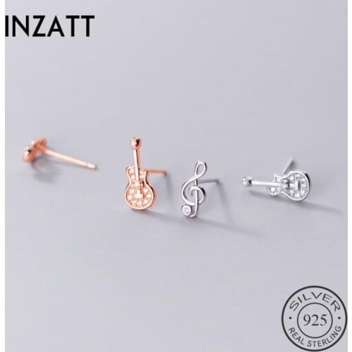 INZATT Real 925 Sterling Silver Zircon Musical Note Stud Earrings For Fashion Women Hiphop Fine Jewelry Asymmetry Accessories