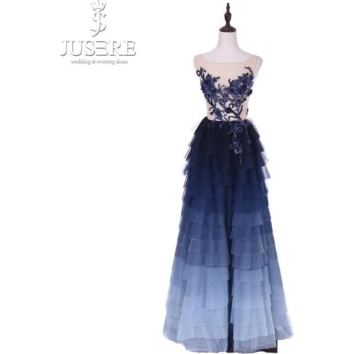Jusere Royal Blue See Through V-Back Long Evening Dress Sexy Floor Length Prom Dresses 2018
