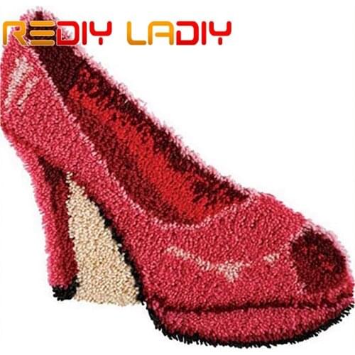 Latch Hook Rug Kits Crocheting Carpet Rug Red Fashion Shoes Acrylic Yarn Printed Canvas Cushion Mat Crochet Tapestry Sofa Decor