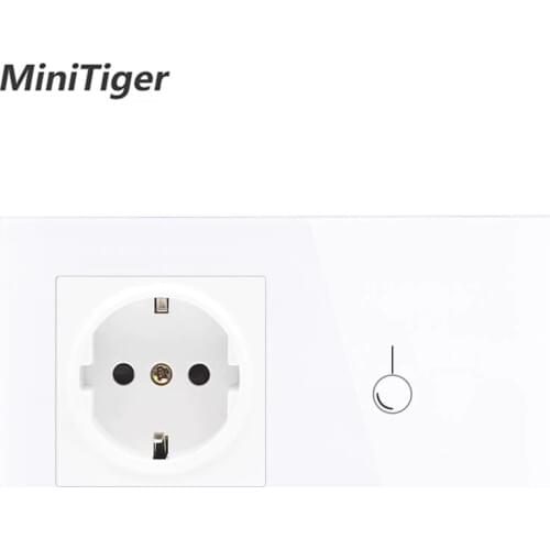Minitiger EU standard Wall Power 16A Socket And 1 Gang 1 Way Wall Light Touch Switch White Crystal Glass Panel Light Wall Switch