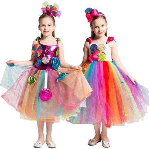 Rainbow Candy Dress Girls Sweet Costume for Carnival Birthday Kids Lollipop Flower Tutu Dress with Headband Cute Fancy Clothing