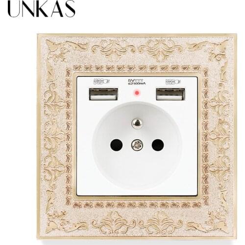 UNKAS Dual USB Charging Port 2.1A French Wall Power Socket 16A Russia Spain Grey 4D Embossing Panel Retro Zinc Alloy Gray Outlet