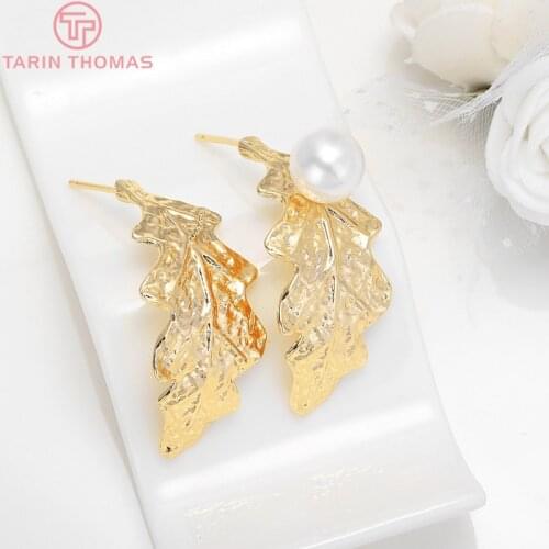 6PCS 16x33MM 24K Gold Color Plated Brass Leaf Leaves Stud Earrings High Quality DIY Jewelry Making Findings