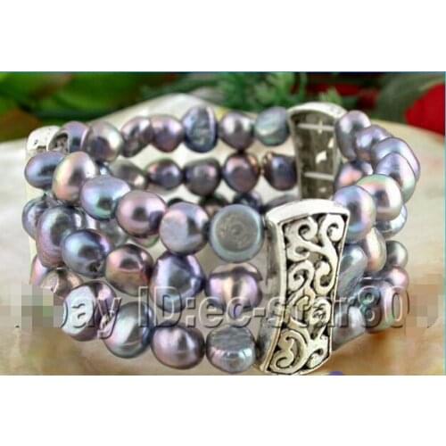 Stretchy! 3row 9mm baroque FW black pearls bracelet @^Noble style Natural Fine jewe