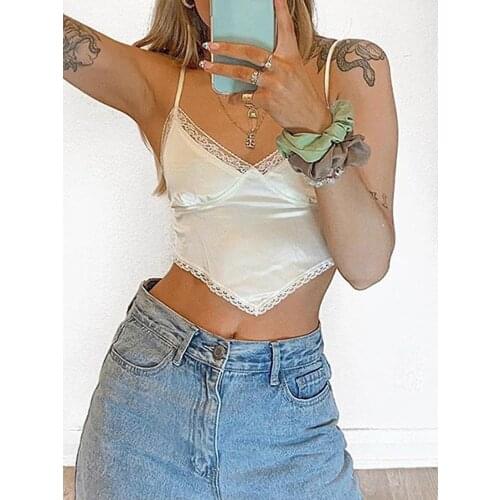 New Female Sexy Bandage Lace Trim Cami Tops Sweet Spaghetti Strap V Neck Backless Satin Crop Tops Streetwear Party Tank Tops