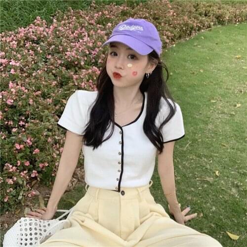 Cropped V Neck Knitted Jacket Short Sleeve Girl Fashion Tops Slim Short Sweater Women Summer Clothing T-Shirt