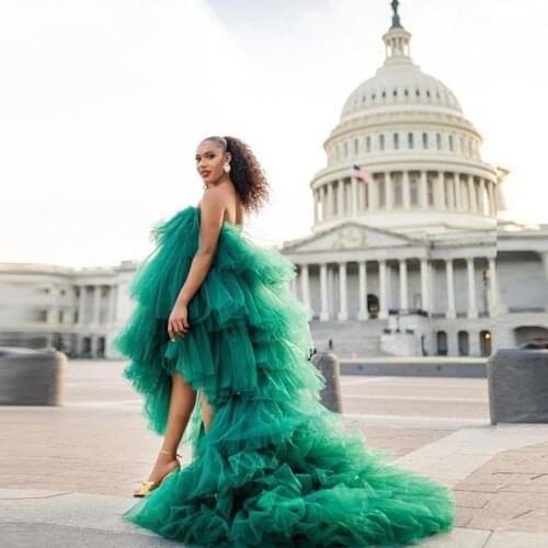 Green Women Long Tulle Skirts With Train Maxi Street Ruffled Tule Dresses Party Prom Dressing Gown Tiered Fluffy Long Dress