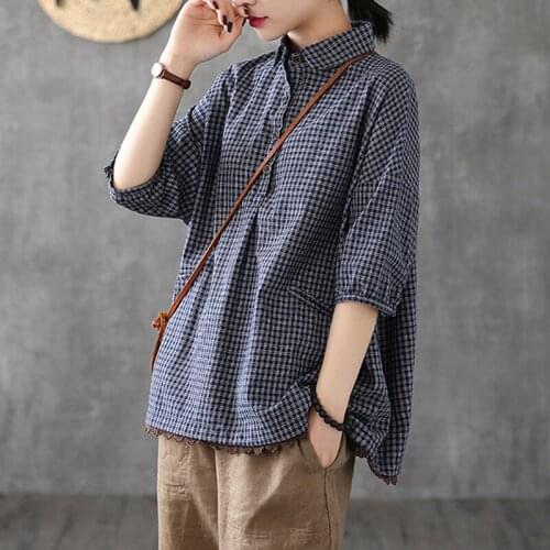 QPFJQD Ladies Cotton Linen Plaid Shirt Turndown Collar Short Sleeve 2021 Summer Autumn Women Loose Patchwork Lace Button Blouses