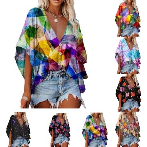 Hot Sales Women Shirt Digital Print Batwing Sleeve Summer V Neck Single-breasted Blouse Top Streetwear