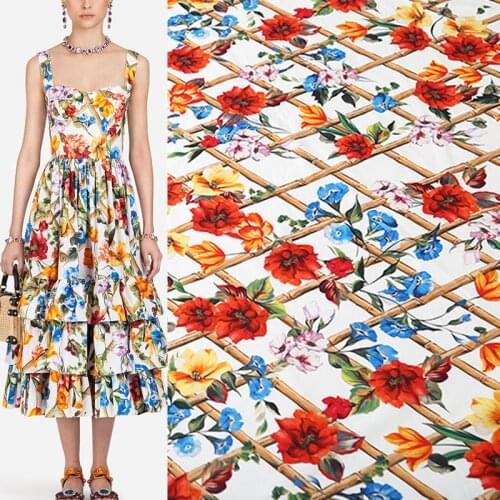 100x135cm Fashion Fence Morning Glory Printed Cotton or Chiffon Fabric For Woman Summer Dress Blouse Pants DIY Cloth Sewing