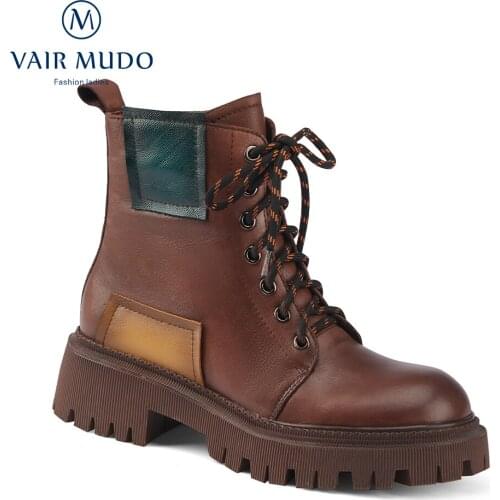 VAIR MUDO Women Martin Ankle Boots Shoes Elegant Fashion Brown Black Genuine Leather Boots Shoes Women Round Toe Lace UWM-X301-C