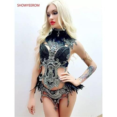 Womens nightclub stage costumes singer water diamond tights the DJ dancer Dance cost sexy black ostrich hair performance tights