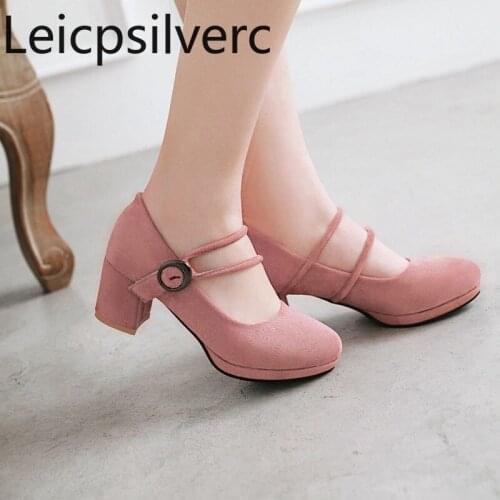 Pumps Spring and autumn The New Flock Round head Shallow mouth belt buckle Thick heel mid heel Womens shoes plus size 34-43