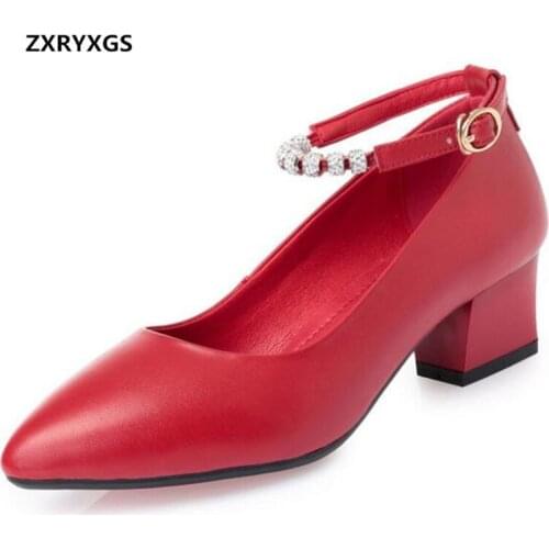 2019 Famous New Spring Pointed Genuine Leather Shoes Womens Shoes Thick with High Heels 45 Mm Banquet Wedding Fashion Shoes