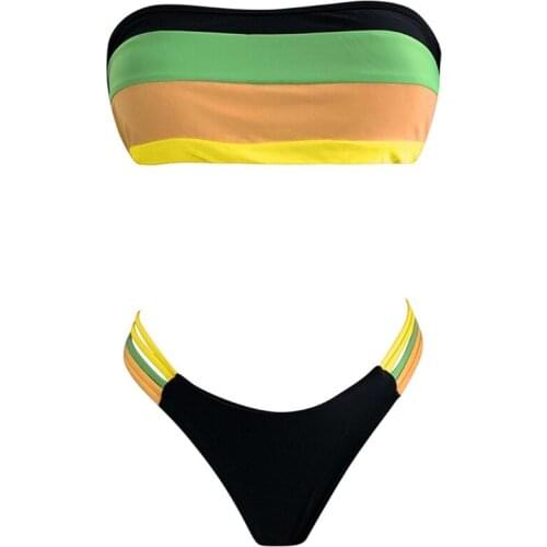 Women Sexy 2 Piece Bikini Set Strapless Bandeau Tube Top Padded Swimsuit Low Waist Thong Bathing Suit Rainbow Striped Dropship