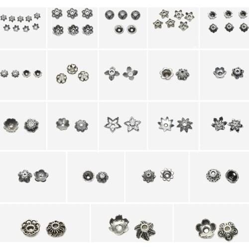 50Pcs / Lot 6 style European Zinc Alloy Antique Silver Bead Caps for Bracelet Making EC5